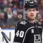 Elias Pettersson visual concept showing the center wearing a black Los Angeles Kings uniform and helmet with number 40, relevant to NHL trade rumors.