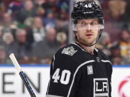 Elias Pettersson visual concept showing the center wearing a black Los Angeles Kings uniform and helmet with number 40, relevant to NHL trade rumors.