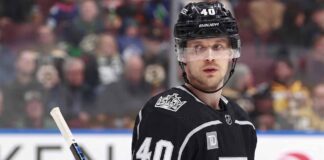 Elias Pettersson visual concept showing the center wearing a black Los Angeles Kings uniform and helmet with number 40, relevant to NHL trade rumors.