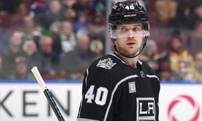 Elias Pettersson visual concept showing the center wearing a black Los Angeles Kings uniform and helmet with number 40, relevant to NHL trade rumors.