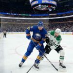 How to Watch Dallas Stars vs Buffalo Sabres Tonight: TV Channels & Stream Buffalo Sabres defenseman Rasmus Dahlin (26) in blue battles Dallas Stars forward Jason Robertson (21) in white for the puck during an NHL game at KeyBank Center.