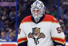 St. Louis Blues goaltender Jordan Binnington, in net during an NHL game. He is a primary trade target for the Florida Panthers to replace Sergei Bobrovsky.