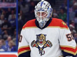 St. Louis Blues goaltender Jordan Binnington, in net during an NHL game. He is a primary trade target for the Florida Panthers to replace Sergei Bobrovsky.
