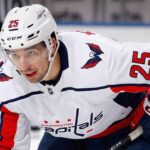 A jersey swap visualization of NHL player Jordan Kyrou wearing a Washington Capitals white away uniform with number 25, illustrative of potential NHL trade rumors linking the St. Louis Blues forward to Washington.