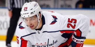 A jersey swap visualization of NHL player Jordan Kyrou wearing a Washington Capitals white away uniform with number 25, illustrative of potential NHL trade rumors linking the St. Louis Blues forward to Washington.