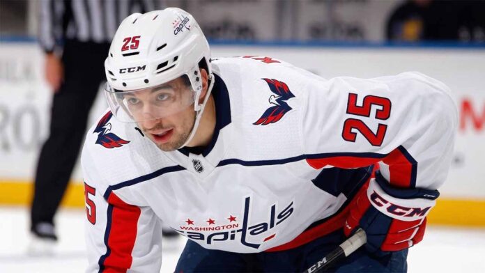 A jersey swap visualization of NHL player Jordan Kyrou wearing a Washington Capitals white away uniform with number 25, illustrative of potential NHL trade rumors linking the St. Louis Blues forward to Washington.