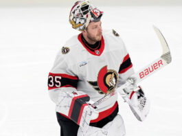 Ottawa Senators goaltender Linus Ullmark in net during a 2026 NHL game amid offseason trade rumors and roster evaluations.