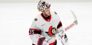 Ottawa Senators goaltender Linus Ullmark in net during a 2026 NHL game amid offseason trade rumors and roster evaluations.