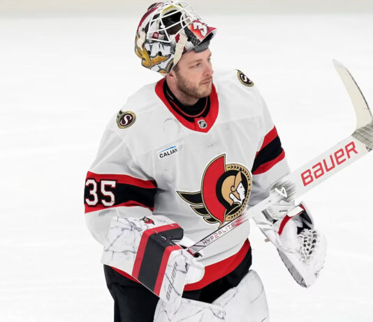 Ottawa Senators goaltender Linus Ullmark in net during a 2026 NHL game amid offseason trade rumors and roster evaluations.