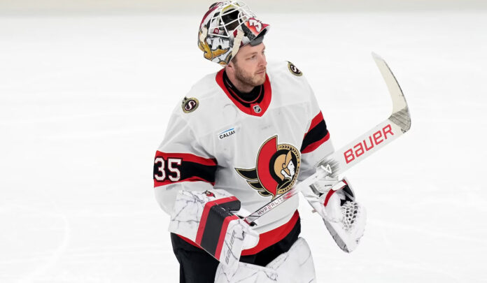 linus-ullmark-ottawa-senators-trade-rumors Ottawa Senators goaltender Linus Ullmark in net during a 2026 NHL game amid offseason trade rumors and roster evaluations.