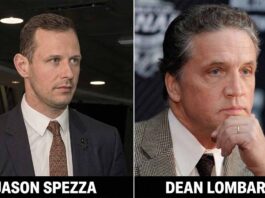 A side-by-side vertical split image. On the left, Jason Spezza is depicted in a dark grey suit and patterned tie. On the right, Dean Lombardi is shown in a brown plaid blazer, with his hand resting on his chin. Their respective names are displayed below their photos in white text on a black bar.