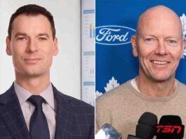 A split-screen photograph featuring former NHL executive John Chayka on the left and legendary Toronto Maple Leafs captain Mats Sundin on the right, representing the rumored new front office management structure for the Toronto Maple Leafs.