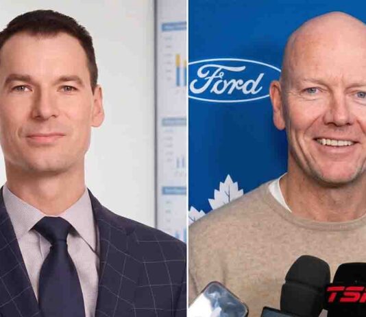 A split-screen photograph featuring former NHL executive John Chayka on the left and legendary Toronto Maple Leafs captain Mats Sundin on the right, representing the rumored new front office management structure for the Toronto Maple Leafs.