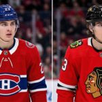 A split-screen visualization of Toronto Maple Leafs forward Matthew Knies wearing a Montreal Canadiens jersey on the left and a Chicago Blackhawks jersey on the right, illustrating recent NHL trade rumors.
