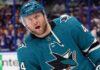 A photo-edit showing NHL defenseman Morgan Rielly wearing a teal San Jose Sharks alternate captain's jersey, number 44. speculative trade scenario image.