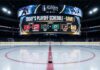 Jumbotron over center ice in an empty hockey arena, displaying the game schedule and team matchups for the first day of the 2026 NHL Playoffs, a critical piece of NHL news.