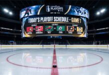 Jumbotron over center ice in an empty hockey arena, displaying the game schedule and team matchups for the first day of the 2026 NHL Playoffs, a critical piece of NHL news.