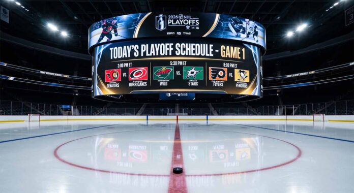 Jumbotron over center ice in an empty hockey arena, displaying the game schedule and team matchups for the first day of the 2026 NHL Playoffs, a critical piece of NHL news.