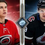 Headshots of Sebastian Aho (Carolina Hurricanes) in red jersey #40 and Nathan MacKinnon (Colorado Avalanche) in black jersey #37 side-by-side in a split graphic following their Metropolitan and Central division clinch wins in recent NHL News.