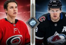 Headshots of Sebastian Aho (Carolina Hurricanes) in red jersey #40 and Nathan MacKinnon (Colorado Avalanche) in black jersey #37 side-by-side in a split graphic following their Metropolitan and Central division clinch wins in recent NHL News.