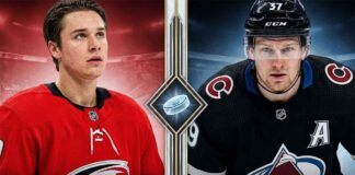 Headshots of Sebastian Aho (Carolina Hurricanes) in red jersey #40 and Nathan MacKinnon (Colorado Avalanche) in black jersey #37 side-by-side in a split graphic following their Metropolitan and Central division clinch wins in recent NHL News.