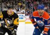 Side-by-side split image of Pittsburgh Penguins captain Sidney Crosby focused on the ice (left) and Edmonton Oilers defenseman Darnell Nurse (right). Both players represent major storylines and potential trade rumors dominating the latest NHL News as the 2026 season heats up.