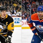 Side-by-side split image of Pittsburgh Penguins captain Sidney Crosby focused on the ice (left) and Edmonton Oilers defenseman Darnell Nurse (right). Both players represent major storylines and potential trade rumors dominating the latest NHL News as the 2026 season heats up.