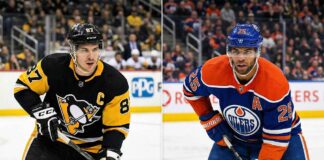 Side-by-side split image of Pittsburgh Penguins captain Sidney Crosby focused on the ice (left) and Edmonton Oilers defenseman Darnell Nurse (right). Both players represent major storylines and potential trade rumors dominating the latest NHL News as the 2026 season heats up.