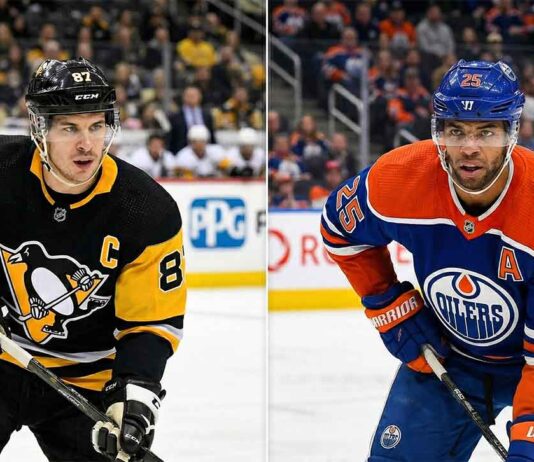 Side-by-side split image of Pittsburgh Penguins captain Sidney Crosby focused on the ice (left) and Edmonton Oilers defenseman Darnell Nurse (right). Both players represent major storylines and potential trade rumors dominating the latest NHL News as the 2026 season heats up.