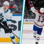 A dynamic split-screen image highlighting the two biggest stories in today's NHL news: A Utah Mammoth hockey player (left) and Cole Caufield of the Montreal Canadiens celebrating his 50th goal (right).