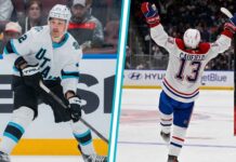 Latest NHL News & Scores Today: Playoff Clinches & April 9 Results A dynamic split-screen image highlighting the two biggest stories in today's NHL news: A Utah Mammoth hockey player (left) and Cole Caufield of the Montreal Canadiens celebrating his 50th goal (right).