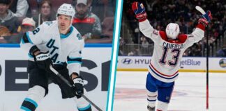 A dynamic split-screen image highlighting the two biggest stories in today's NHL news: A Utah Mammoth hockey player (left) and Cole Caufield of the Montreal Canadiens celebrating his 50th goal (right).