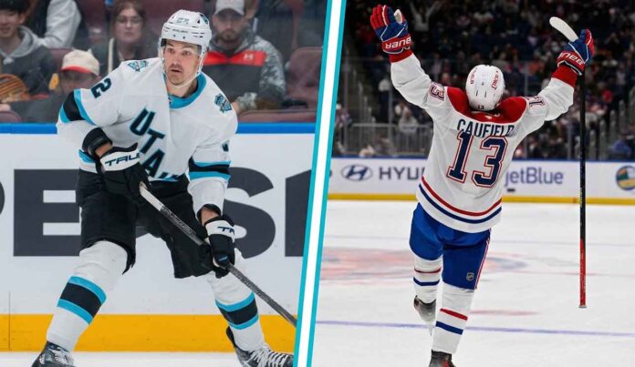 nhl-news-april-10-2026 A dynamic split-screen image highlighting the two biggest stories in today's NHL news: A Utah Mammoth hockey player (left) and Cole Caufield of the Montreal Canadiens celebrating his 50th goal (right).
