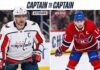 NHL News: Suzuki Joins 100-Point Club; Capitals Sweep Penguins; Sunday Scores Split image graphic titled 'Captain to Captain,' comparing Washington Capitals legend Alex Ovechkin (left) and Montreal Canadiens rising star Nick Suzuki (right). The graphic highlights the historic context of Ovechkin’s 100th meeting against Crosby and Suzuki’s milestone 100-point season, aligning with recent NHL News and playoff races.