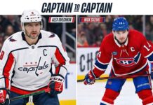 NHL News: Suzuki Joins 100-Point Club; Capitals Sweep Penguins; Sunday Scores Split image graphic titled 'Captain to Captain,' comparing Washington Capitals legend Alex Ovechkin (left) and Montreal Canadiens rising star Nick Suzuki (right). The graphic highlights the historic context of Ovechkin’s 100th meeting against Crosby and Suzuki’s milestone 100-point season, aligning with recent NHL News and playoff races.