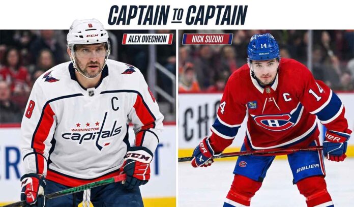 nhl-news-april-13-2026 Split image graphic titled 'Captain to Captain,' comparing Washington Capitals legend Alex Ovechkin (left) and Montreal Canadiens rising star Nick Suzuki (right). The graphic highlights the historic context of Ovechkin’s 100th meeting against Crosby and Suzuki’s milestone 100-point season, aligning with recent NHL News and playoff races.