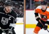 NHL News: Flyers, Kings, Ducks Clinch Playoff Berths; Bracket Set A vertical split graphic contrasting LA Kings captain and veteran star Anze Kopitar (left) with emerging Philadelphia Flyers rookie talent Matvei Michkov (right). This hockey comparison image includes text identifying their roles and teams, perfect for a blog post discussing NHL player matchups, general NHL News, and Fantasy Hockey Predictions coverage.