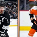 NHL News: Flyers, Kings, Ducks Clinch Playoff Berths; Bracket Set A vertical split graphic contrasting LA Kings captain and veteran star Anze Kopitar (left) with emerging Philadelphia Flyers rookie talent Matvei Michkov (right). This hockey comparison image includes text identifying their roles and teams, perfect for a blog post discussing NHL player matchups, general NHL News, and Fantasy Hockey Predictions coverage.