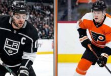 A vertical split graphic contrasting LA Kings captain and veteran star Anze Kopitar (left) with emerging Philadelphia Flyers rookie talent Matvei Michkov (right). This hockey comparison image includes text identifying their roles and teams, perfect for a blog post discussing NHL player matchups, general NHL News, and Fantasy Hockey Predictions coverage.