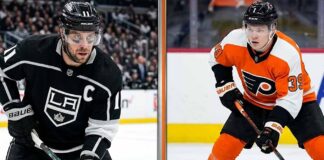 A vertical split graphic contrasting LA Kings captain and veteran star Anze Kopitar (left) with emerging Philadelphia Flyers rookie talent Matvei Michkov (right). This hockey comparison image includes text identifying their roles and teams, perfect for a blog post discussing NHL player matchups, general NHL News, and Fantasy Hockey Predictions coverage.