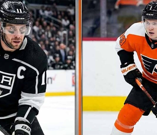 NHL News: Flyers, Kings, Ducks Clinch Playoff Berths; Bracket Set A vertical split graphic contrasting LA Kings captain and veteran star Anze Kopitar (left) with emerging Philadelphia Flyers rookie talent Matvei Michkov (right). This hockey comparison image includes text identifying their roles and teams, perfect for a blog post discussing NHL player matchups, general NHL News, and Fantasy Hockey Predictions coverage.