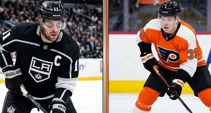 A vertical split graphic contrasting LA Kings captain and veteran star Anze Kopitar (left) with emerging Philadelphia Flyers rookie talent Matvei Michkov (right). This hockey comparison image includes text identifying their roles and teams, perfect for a blog post discussing NHL player matchups, general NHL News, and Fantasy Hockey Predictions coverage.