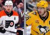 A split-screen photo featuring Travis Konecny of the Philadelphia Flyers on the left and Sidney Crosby of the Pittsburgh Penguins on the right, representing the confirmed "Battle of Pennsylvania" playoff matchup in the latest NHL news.