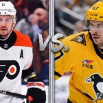 Latest NHL News: April 15 Updates, Playoff Bracket & Yesterday’s Scores A split-screen photo featuring Travis Konecny of the Philadelphia Flyers on the left and Sidney Crosby of the Pittsburgh Penguins on the right, representing the confirmed "Battle of Pennsylvania" playoff matchup in the latest NHL news.