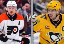 A split-screen photo featuring Travis Konecny of the Philadelphia Flyers on the left and Sidney Crosby of the Pittsburgh Penguins on the right, representing the confirmed "Battle of Pennsylvania" playoff matchup in the latest NHL news.
