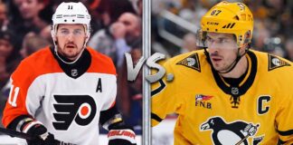 A split-screen photo featuring Travis Konecny of the Philadelphia Flyers on the left and Sidney Crosby of the Pittsburgh Penguins on the right, representing the confirmed "Battle of Pennsylvania" playoff matchup in the latest NHL news.