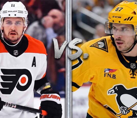 Latest NHL News: April 15 Updates, Playoff Bracket & Yesterday’s Scores A split-screen photo featuring Travis Konecny of the Philadelphia Flyers on the left and Sidney Crosby of the Pittsburgh Penguins on the right, representing the confirmed "Battle of Pennsylvania" playoff matchup in the latest NHL news.