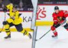 A split-screen comparison photo featuring top NHL prospect Ivar Stenberg in a yellow and blue jersey taking a shot (left), and Chicago Blackhawks star Connor Bedard in a red jersey ready for action (right). This highlights the connection between the top 2026 international draft ranking and the superstar center discussed in the latest NHL news.