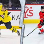 A split-screen comparison photo featuring top NHL prospect Ivar Stenberg in a yellow and blue jersey taking a shot (left), and Chicago Blackhawks star Connor Bedard in a red jersey ready for action (right). This highlights the connection between the top 2026 international draft ranking and the superstar center discussed in the latest NHL news.