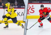 A split-screen comparison photo featuring top NHL prospect Ivar Stenberg in a yellow and blue jersey taking a shot (left), and Chicago Blackhawks star Connor Bedard in a red jersey ready for action (right). This highlights the connection between the top 2026 international draft ranking and the superstar center discussed in the latest NHL news.